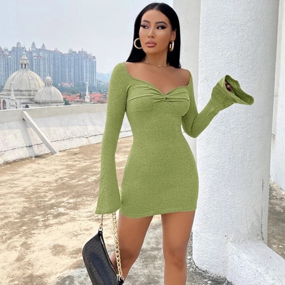 Shein Green Bell Long Sleeve Dress Small